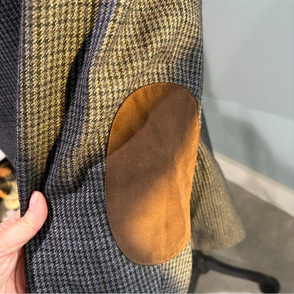 100% Wool Chaps Herringbone Checker Brown Suede Elbow Patches Blazer Jacket 46R